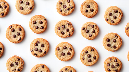 Chocolate chip cookie pattern on a white background. Lots of brown baked cookies, filled with chocolate. Table top view