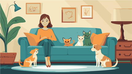 Female cartoon owner sitting on couch with cats and dog at home. Adorable scene in cozy living room with happy woman relaxing on sofa with domestic animals flat vector illustration. Pets, love concept