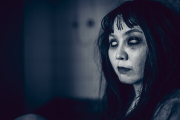 Portrait of asian woman make up ghost,Scary horror scene for background,Halloween festival...