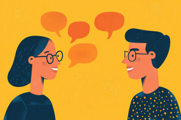 Two young professionals are smiling and talking, with speech bubbles showing an active conversation