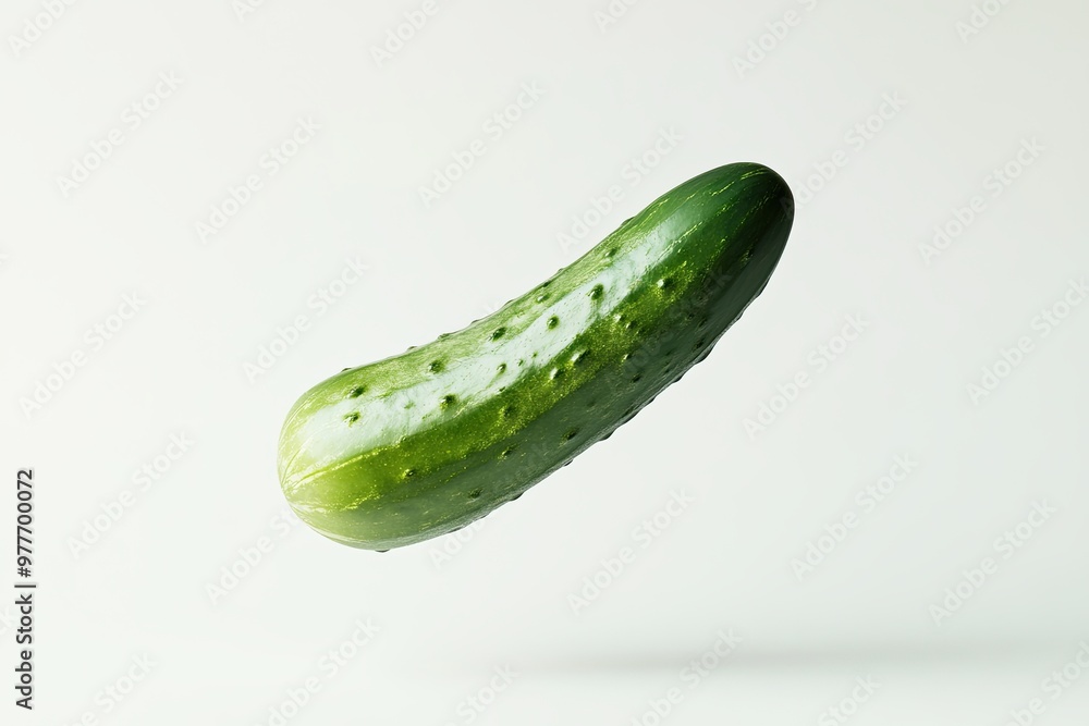 Poster floating cucumber against a plain backdrop highlighting its vibrant green color and texture