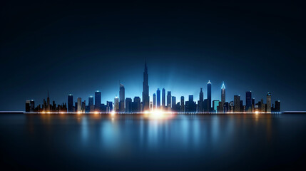 Luminous silhouette of a city skyline at twilight, portraying the change from day to night, urban and lively
