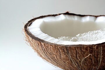 Fresh Coconut Half With Water and Pulp, Captured in a Simple Studio Setting