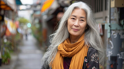 Fototapeta premium mature Asian woman stands confidently on a bustling city street, reflecting autumn vibes