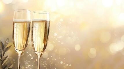 Two golden champagne flutes grasses on a new year eve background
