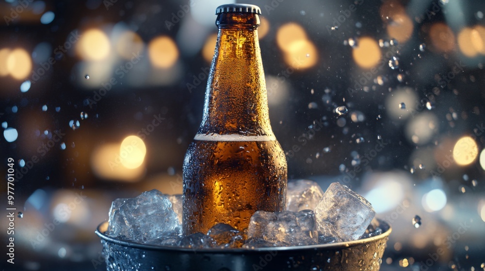 Poster a high-resolution image of a chilled beer bottle with condensation, sitting in an ice bucket filled 