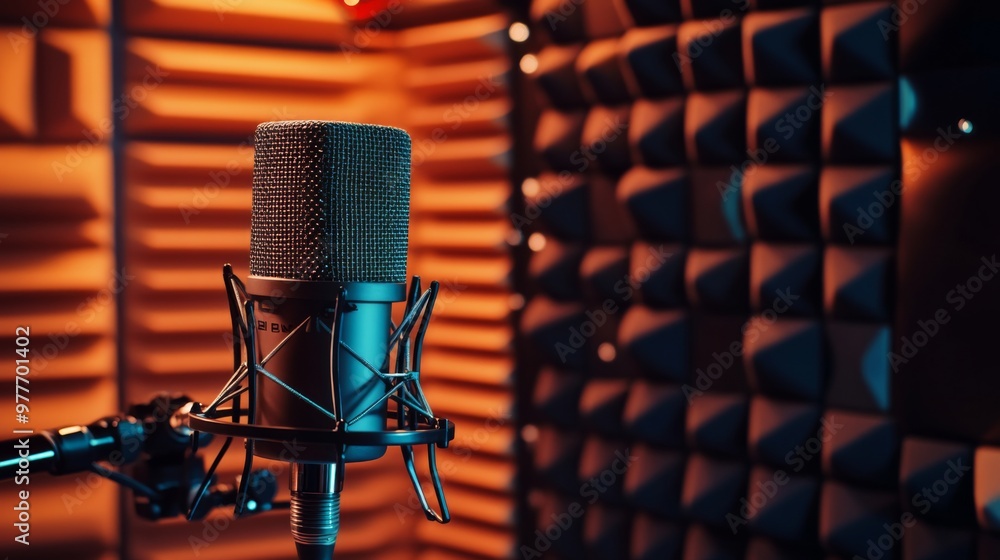 Poster A high-resolution image of a condenser mounted on a stand in a modern recording studio, with soundproofing panels and acoustic treatments in the background.