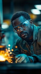 African American laborer operating a robot auto welding equipment in the old United States industry