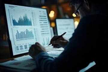 A professional analyzing data on dual monitors, focused on graphs and charts in a dimly lit workspace, showcasing data-driven insights.