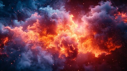 Fototapeta premium 3D fire explosion with smoke on a black background. Fireball, red and blue flames in the air, burning smoke cloud, flame ball.