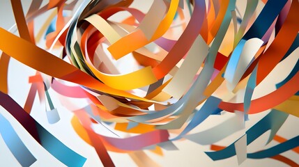 Abstract Paper Tornado: A swirling tornado of colorful paper strips, floating in mid-air, creating a dynamic and chaotic abstract form. 
