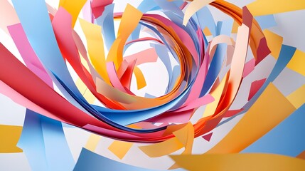 Abstract Paper Tornado: A swirling tornado of colorful paper strips, floating in mid-air, creating a dynamic and chaotic abstract form. 
