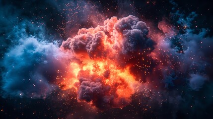 3D fire explosion with smoke on a black background. Fireball, red and blue flames in the air, burning smoke cloud, flame ball.