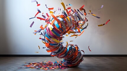 Abstract Paper Tornado: A swirling tornado of colorful paper strips, floating in mid-air, creating a dynamic and chaotic abstract form. 
