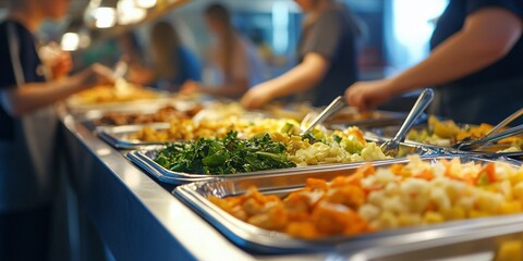 Closeup of a buffet line with various side dishes, including green salad, potato salad, and pasta salad.