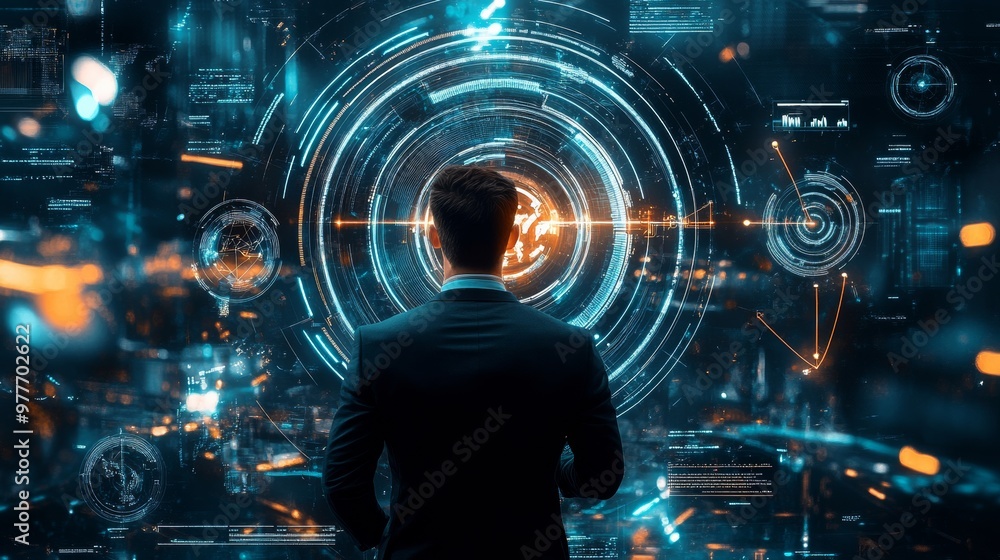 Poster businessman looking at digital interface with data and graphs.