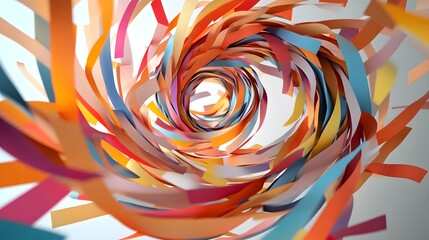Abstract Paper Tornado: A swirling tornado of colorful paper strips, floating in mid-air, creating a dynamic and chaotic abstract form. 
