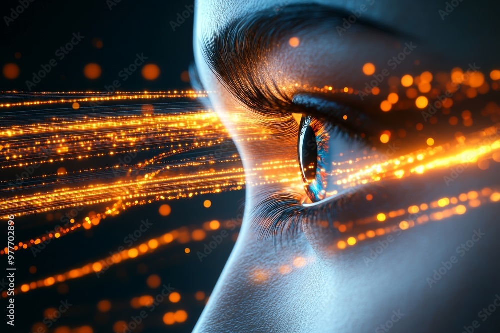 Poster orange digital particles flowing across a human profile symbolizing speed data transfer and the inte