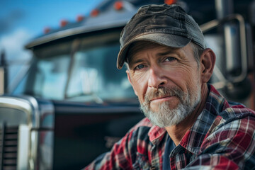 Fototapeta premium A man with a hat and beard is sitting in front of a truck