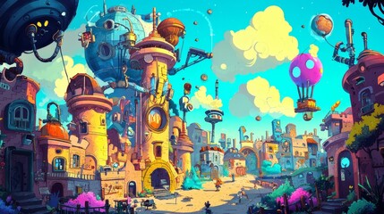 Obraz premium Fantasy Cityscape with Flying Machines.