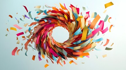 Abstract Paper Tornado: A swirling tornado of colorful paper strips, floating in mid-air, creating a dynamic and chaotic abstract form. 
