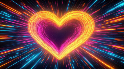 Radiant neon heart with abstract light trails