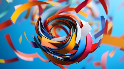 Abstract Paper Tornado: A swirling tornado of colorful paper strips, floating in mid-air, creating a dynamic and chaotic abstract form. 
