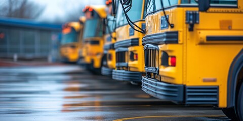 Close-up view of the rear of a yellow school bus, parked in a row, with a wet asphalt road in the foreground.