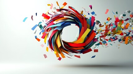 Abstract Paper Tornado: A swirling tornado of colorful paper strips, floating in mid-air, creating a dynamic and chaotic abstract form. 
