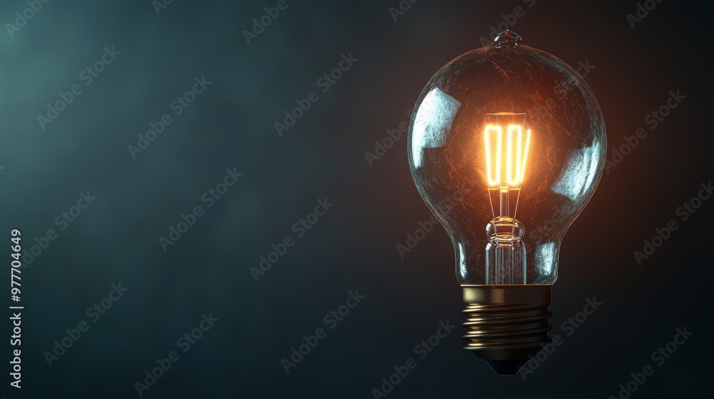 Poster A high-resolution image of a light bulb with a glowing filament, symbolizing a bright new idea or breakthrough concept against a dark background.