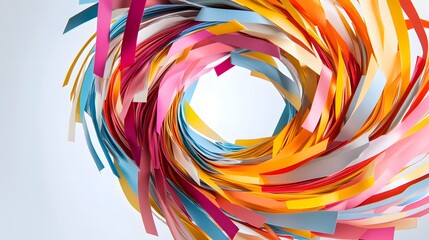 Abstract Paper Tornado: A swirling tornado of colorful paper strips, floating in mid-air, creating a dynamic and chaotic abstract form. 
