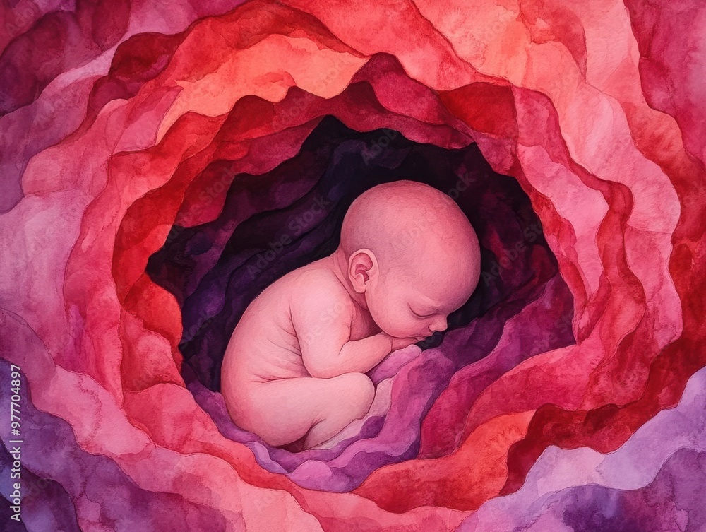 Poster a magical close-up of a fetus developing inside the womb, surrounded by nurturing hues of soft water