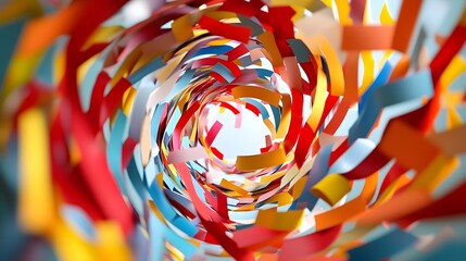 Abstract Paper Tornado: A swirling tornado of colorful paper strips, floating in mid-air, creating a dynamic and chaotic abstract form. 
