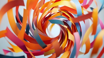Abstract Paper Tornado: A swirling tornado of colorful paper strips, floating in mid-air, creating a dynamic and chaotic abstract form. 
