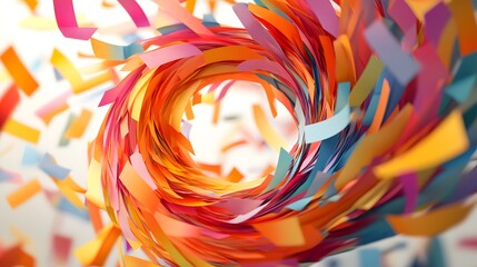 Abstract Paper Tornado: A swirling tornado of colorful paper strips, floating in mid-air, creating a dynamic and chaotic abstract form. 
