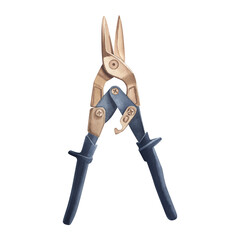 Metal shears. Hand scissors for metal. Watercolor illustration. Professional construction tools. Cutting metal. Construction and repair. Isolated on white background.
