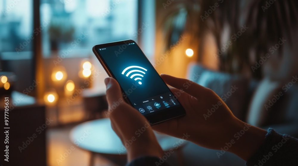 Poster A high-resolution image of a person holding a smartphone with a Wi-Fi signal icon visible on the screen, with a home or office setting in the background.