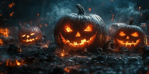 Fototapeta premium Abandoned scary house near the cemetery in the forest with pumpkins, a full moon, bats and fog. Pumpkins In Graveyard In The Spooky Night, Halloween Backdrop