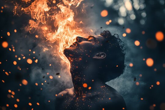 Man breathing fire in dark forest with sparks and fire bokeh, concept of power, magic, and strength