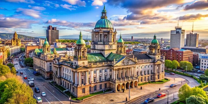 Vibrant Belfast cityscape featuring the iconic Belfast City Hall, surrounded by bustling streets, historic buildings,