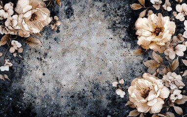 A vintage floral mosaic made from faded marble tiles, with dark, grunge overlays and splattered textures giving the scene an aged, decayed feel