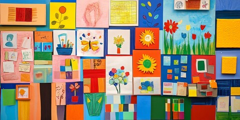 Colorful abstract art pieces on a wall.