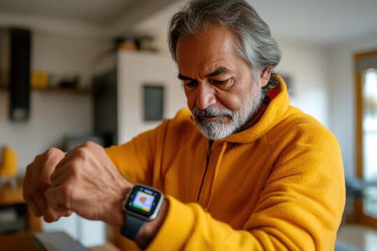 Senior man is checking his health data on a smartwatch, embracing technology for a healthier lifestyle