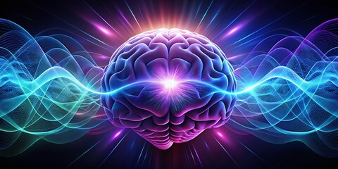 Vibrant blue and purple brain waves undulate across a dark background, with radiant, swirling patterns evoking a sense