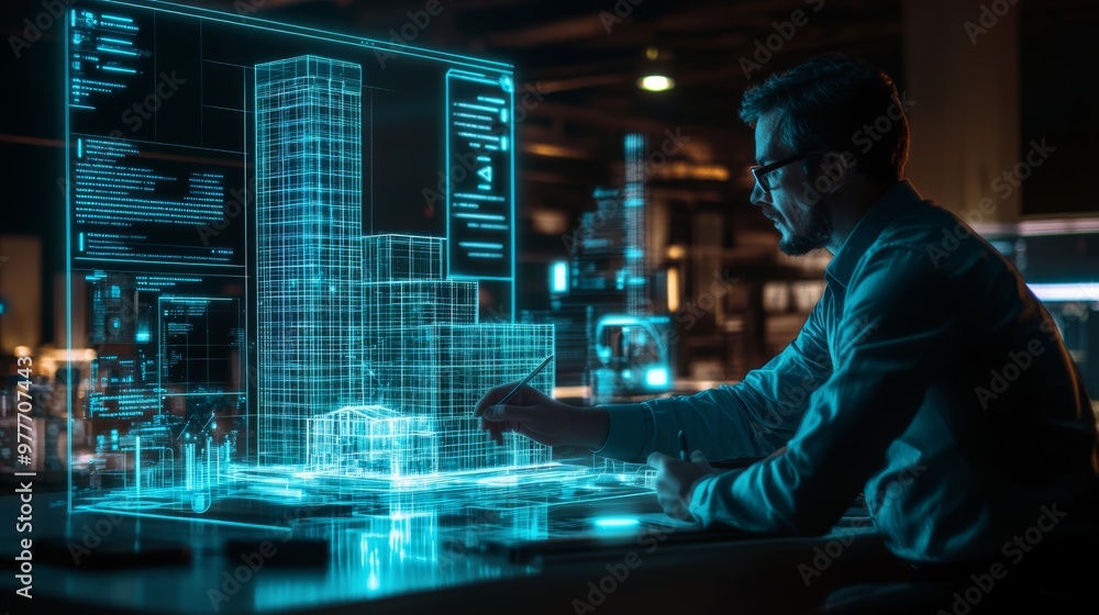 Poster architect designing modern building with digital technology.