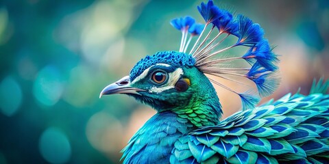 Fototapeta premium Vibrant blue teal feathers fan out from a delicate, intricately patterned bird's body, set against a soft, blurred