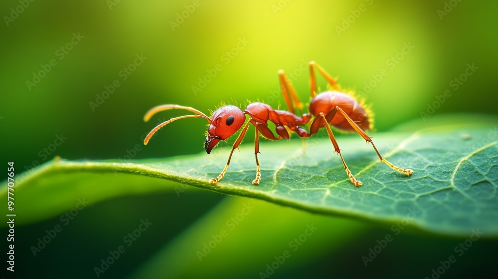 Aufkleber A high-resolution image of a single ant on a green leaf, showcasing its fine details and texture as it explores its environment in a natural setting.