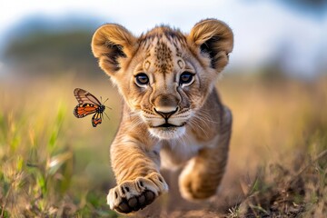 Obraz premium Kenya lion cubs chasing butterflies in the open plains, capturing the playful spirit of young lions