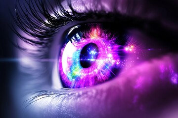 Purple eye with glowing digital reflections symbolizing the intersection of human vision light and advanced technology
