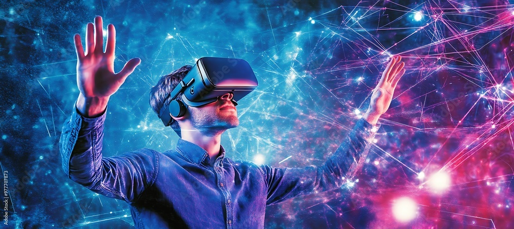 Poster a digital world with interconnected smart systems and virtual reality zones